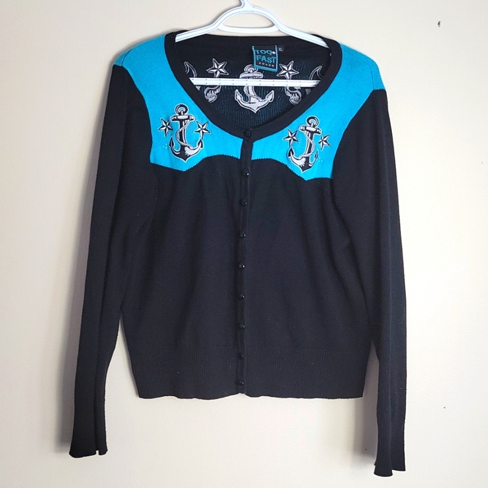 Black and Blue Anchor Cardigan Sweater